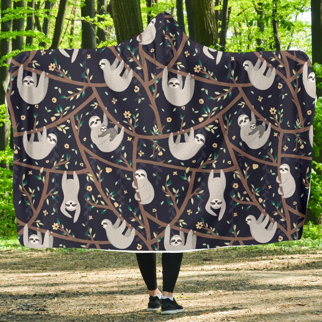 Sloth Floral Pattern Print Hooded Blanket-grizzshop