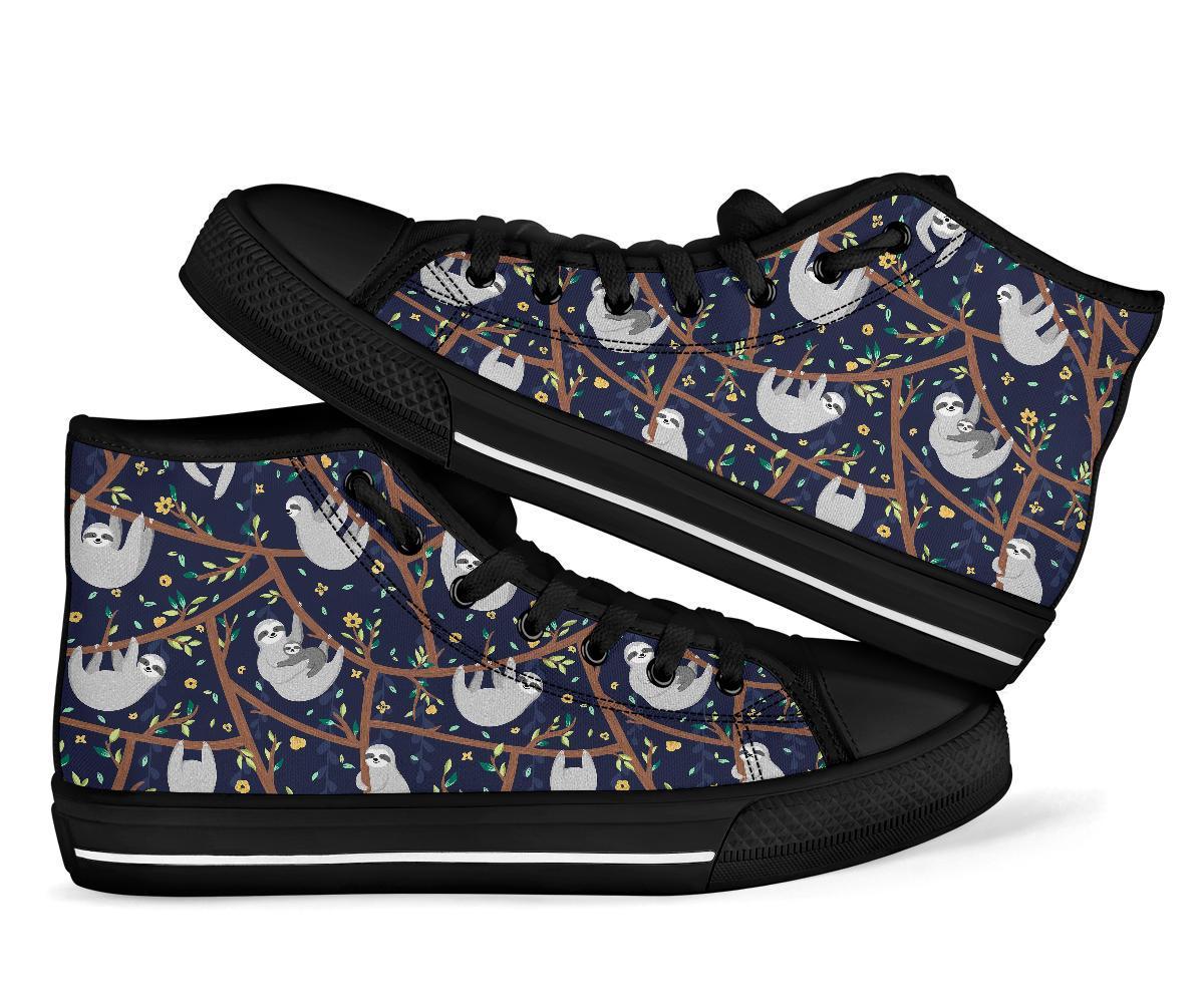 Sloth Floral Pattern Print Men Women's High Top Shoes-grizzshop