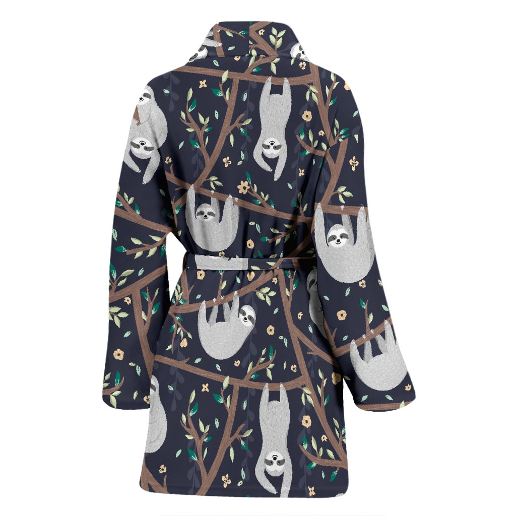 Sloth Floral Pattern Print Women Long Robe-grizzshop