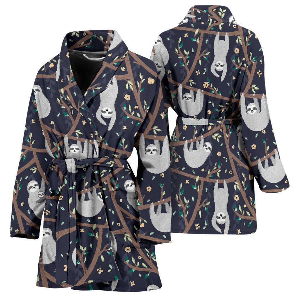 Sloth Floral Pattern Print Women Long Robe-grizzshop