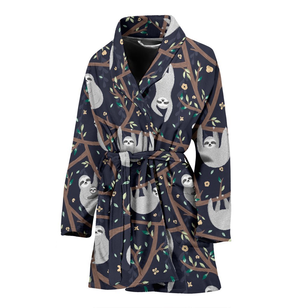 Sloth Floral Pattern Print Women Long Robe-grizzshop