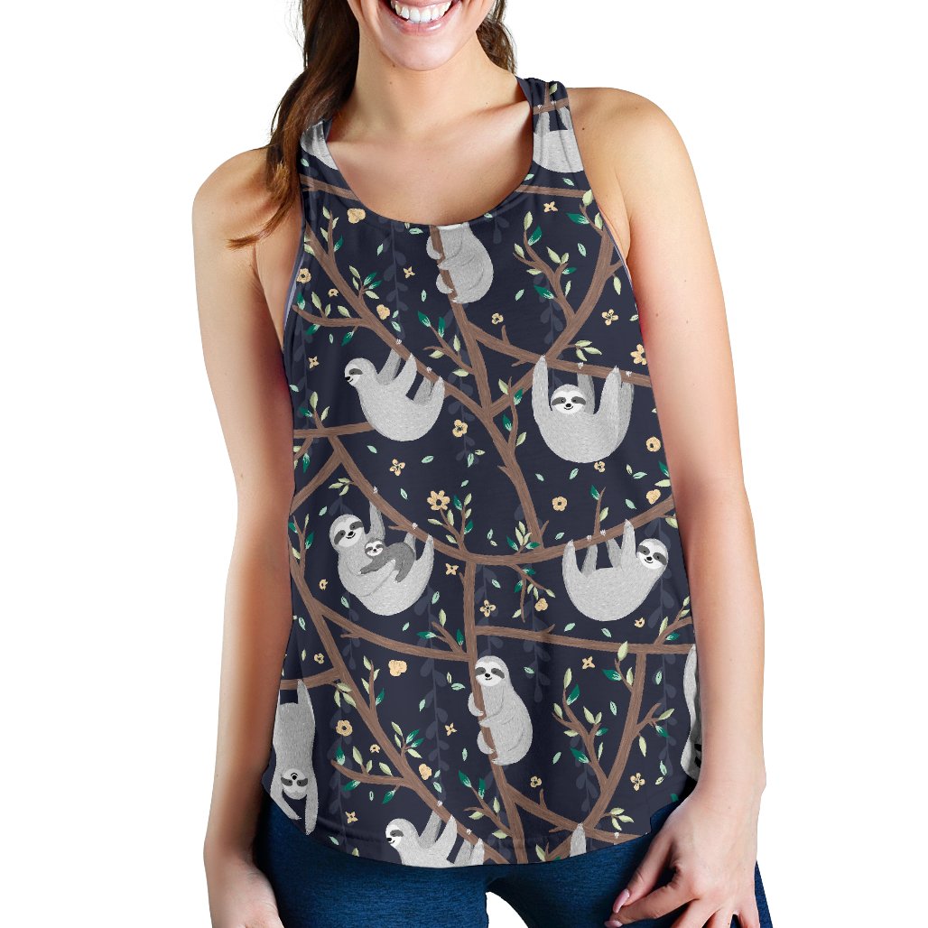 Sloth Floral Pattern Print Women's Racerback Tank Tops-grizzshop