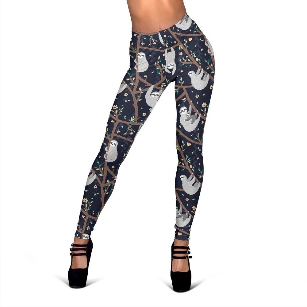 Sloth Floral Print Pattern Women Leggings-grizzshop