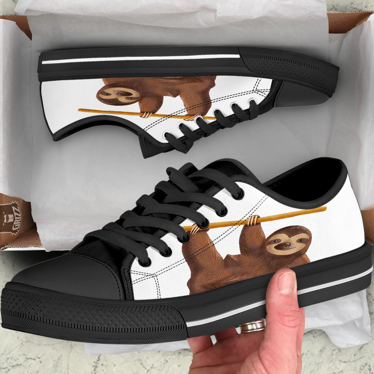 Sloth Happy Print Black Low Top Shoes-grizzshop