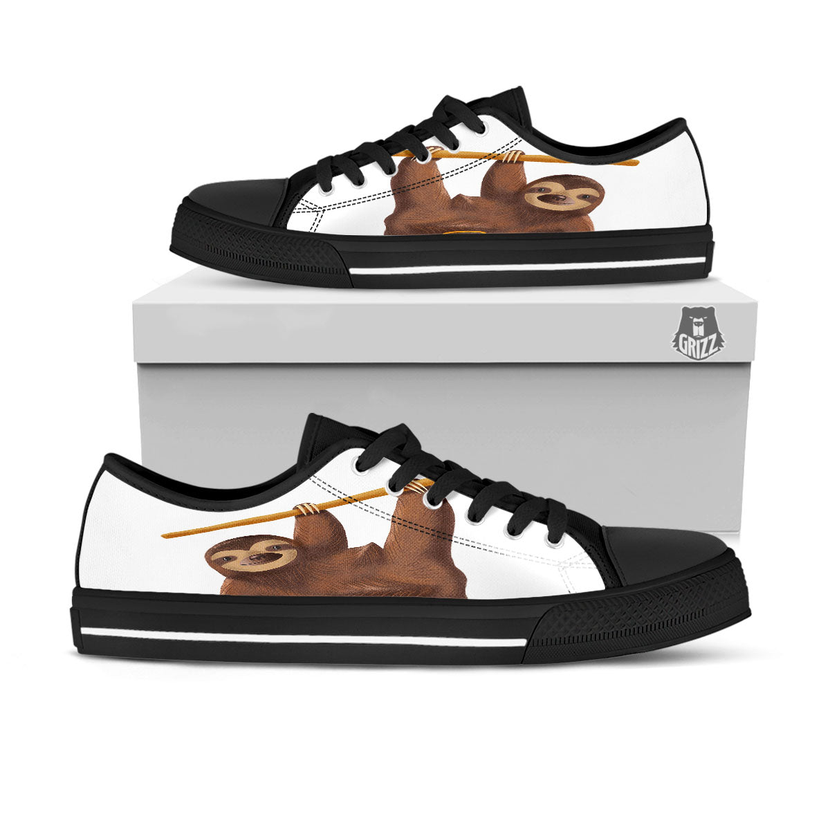 Sloth Happy Print Black Low Top Shoes-grizzshop