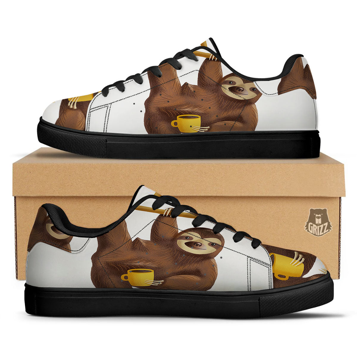 Sloth Happy Print Black Low Top Sneakers-grizzshop