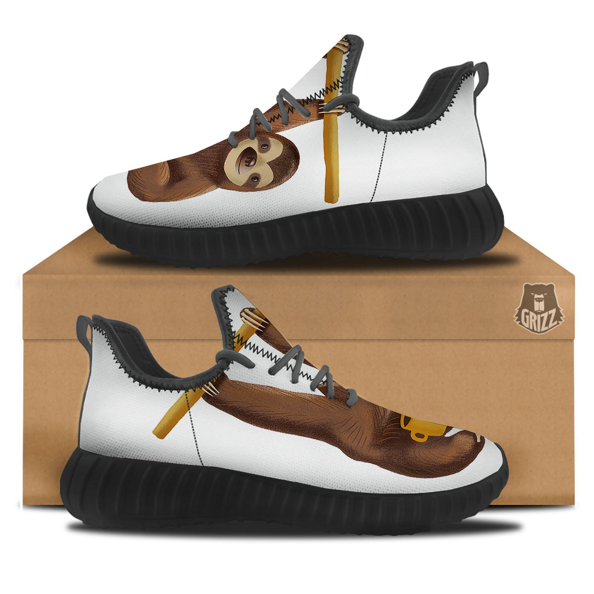 Sloth Happy Print Black Walking Shoes-grizzshop