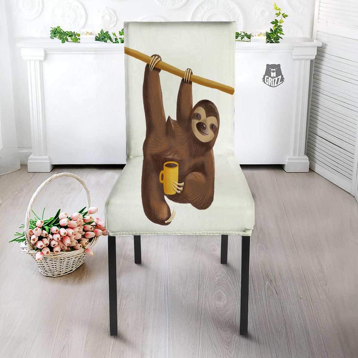 Sloth Happy Print Dining Chair Slipcover-grizzshop