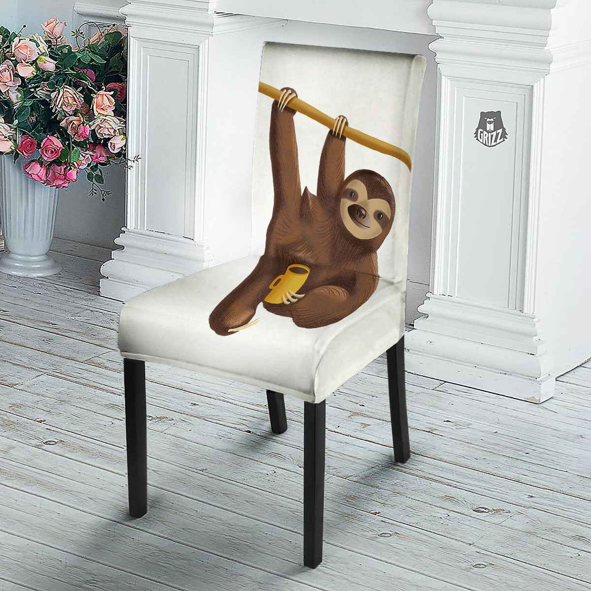 Sloth Happy Print Dining Chair Slipcover-grizzshop