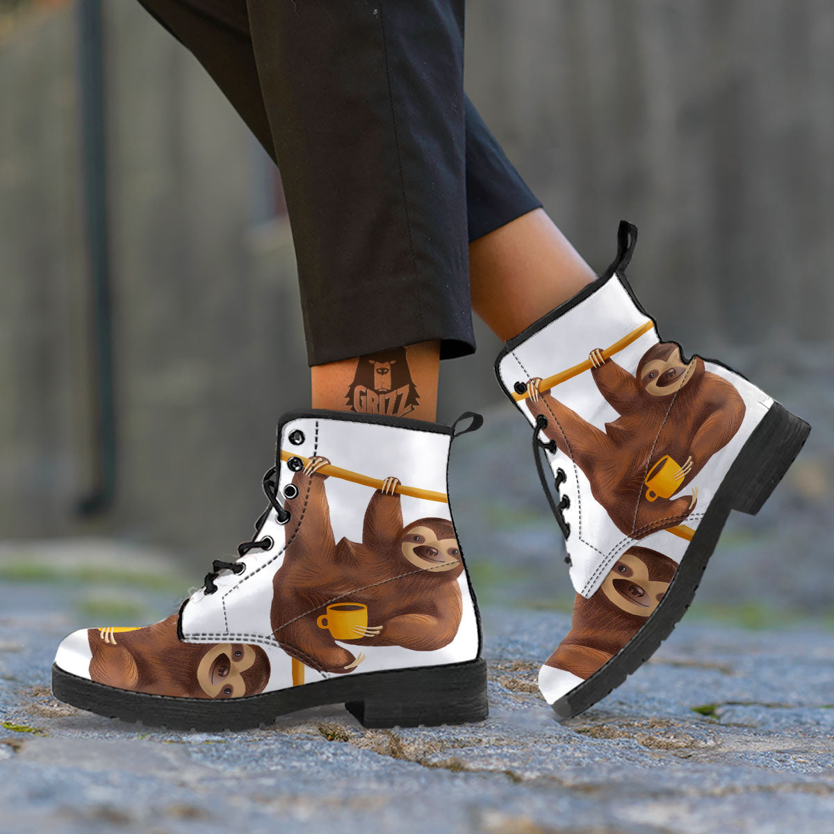 Sloth Happy Print Leather Boots-grizzshop