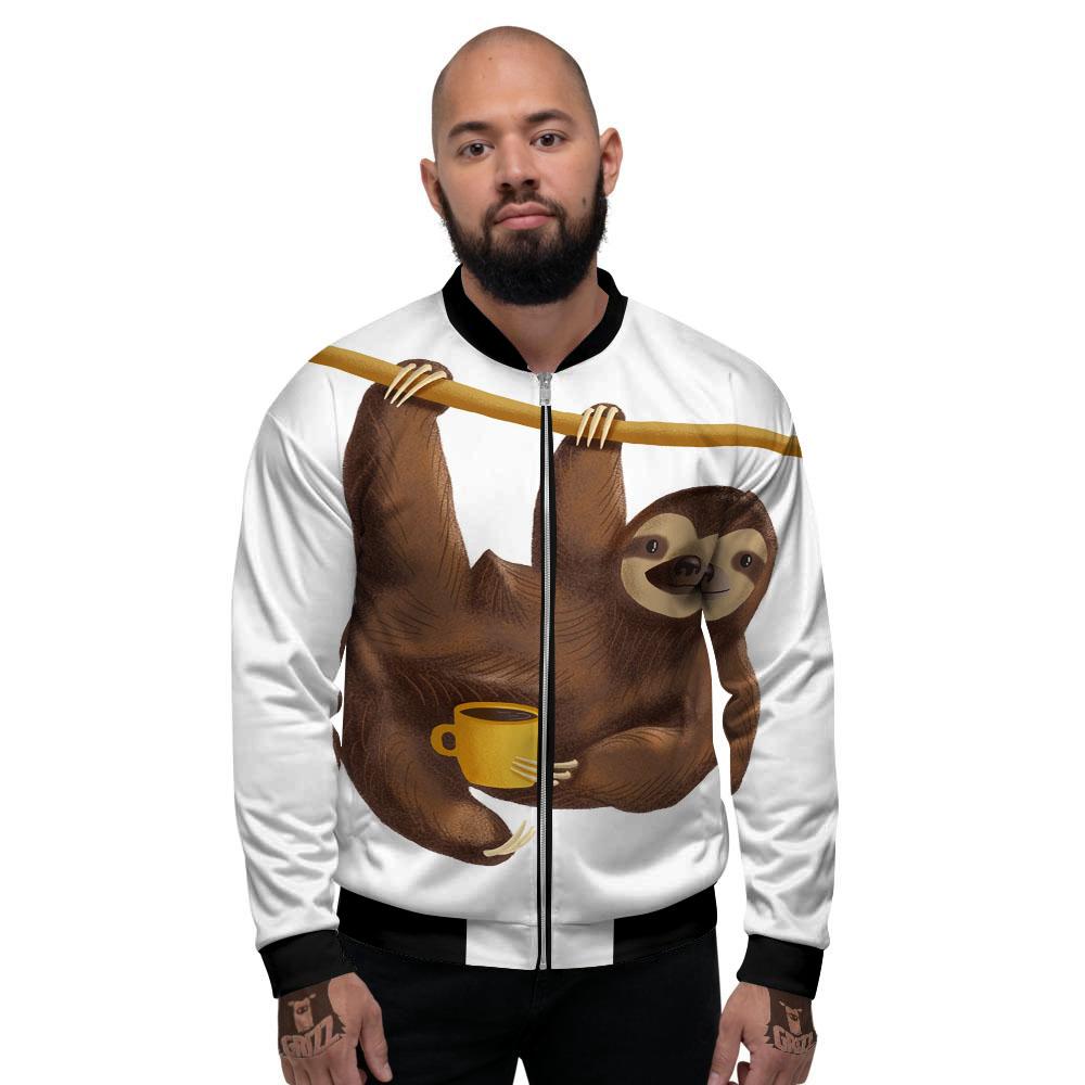 Sloth Happy Print Men's Bomber Jacket-grizzshop
