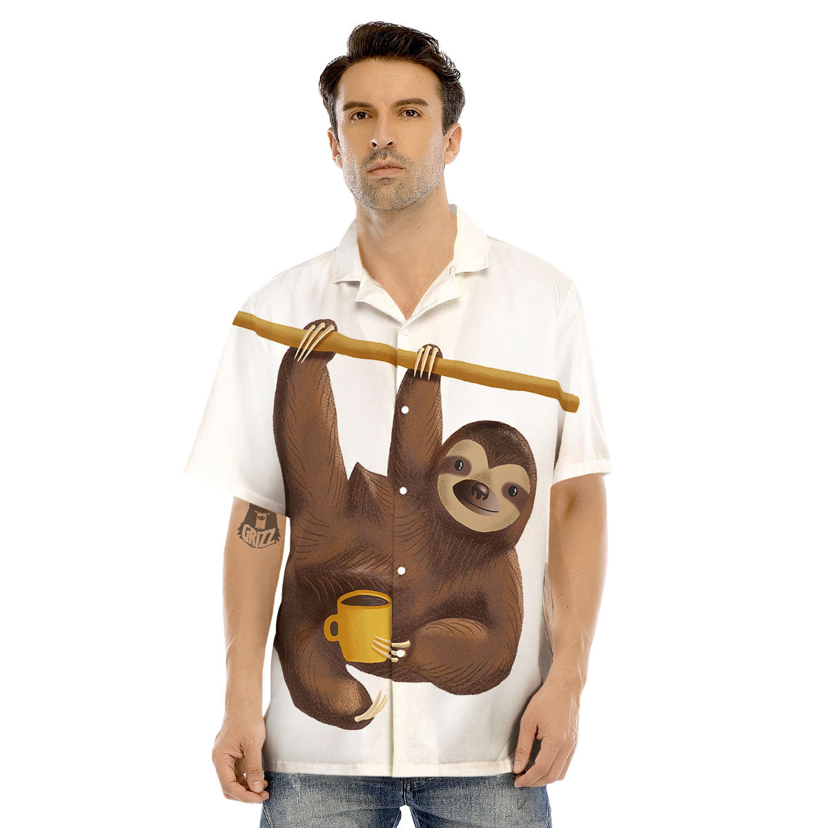 Sloth Happy Print Men's Hawaiian Shirt-grizzshop