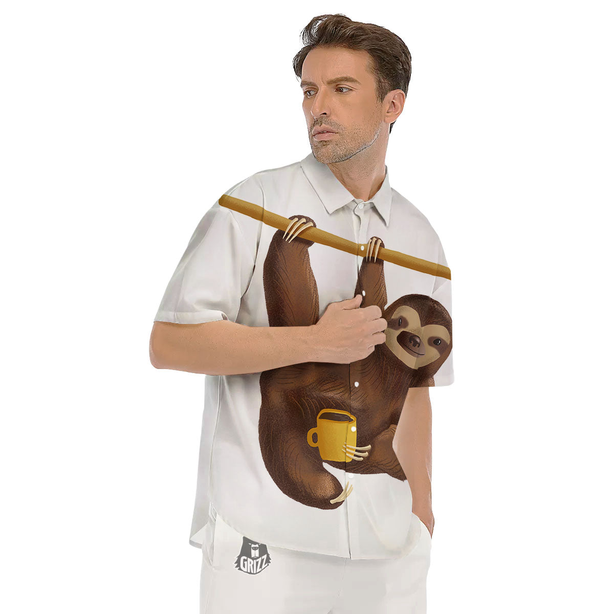 Sloth Happy Print Men's Short Sleeve Shirts-grizzshop