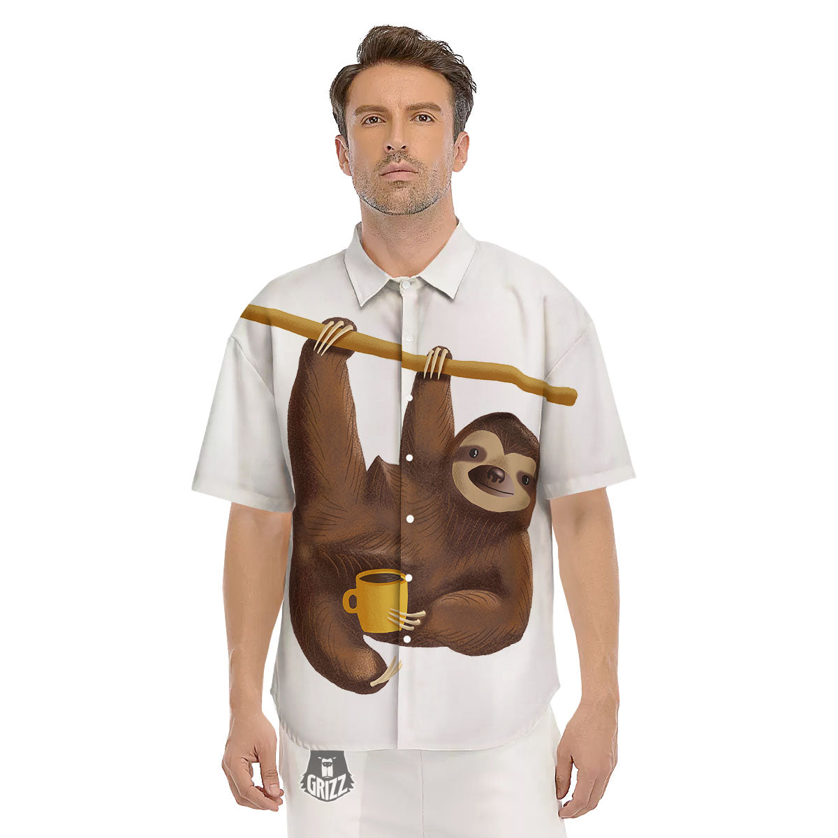 Sloth Happy Print Men's Short Sleeve Shirts-grizzshop