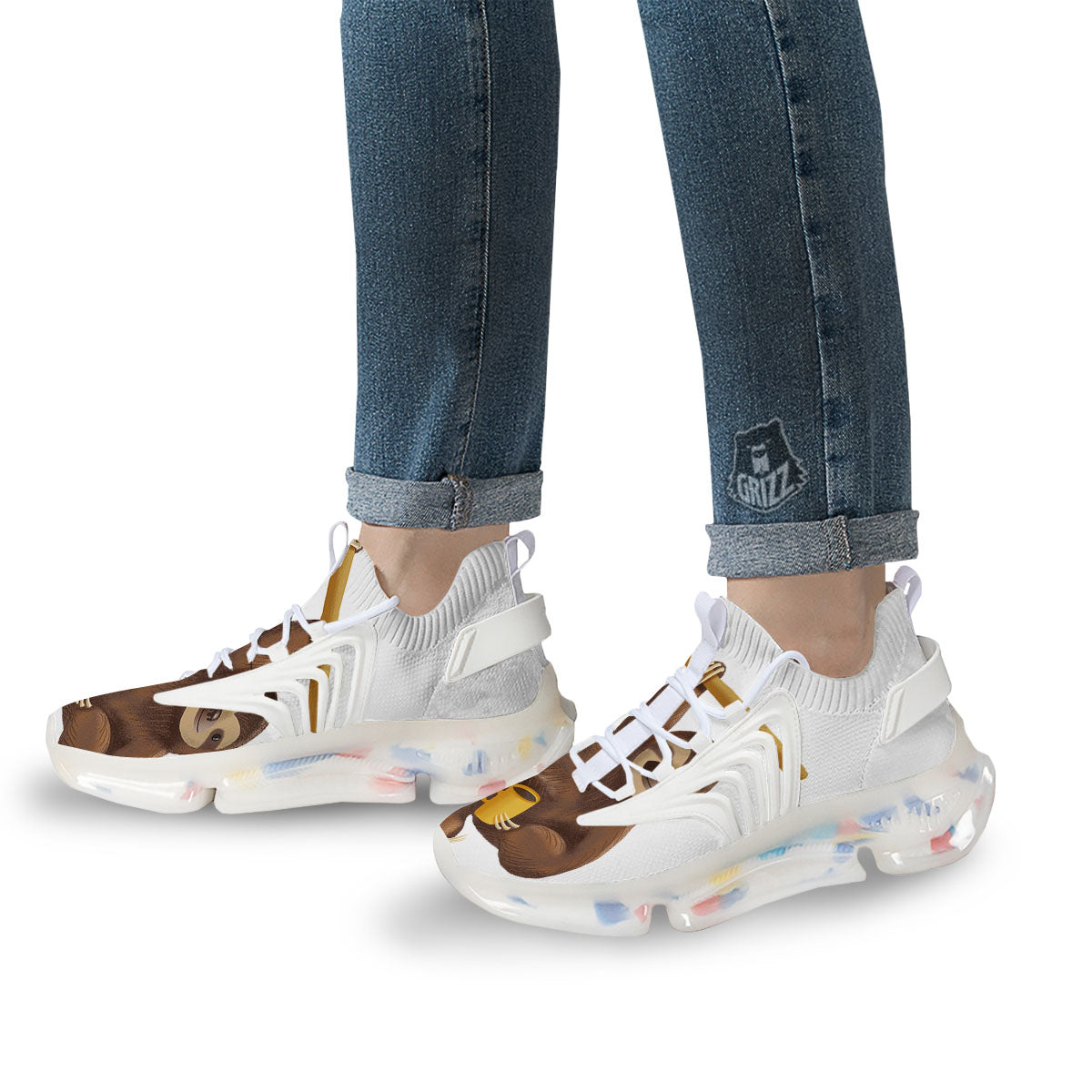 Sloth Happy Print White Gym Shoes-grizzshop