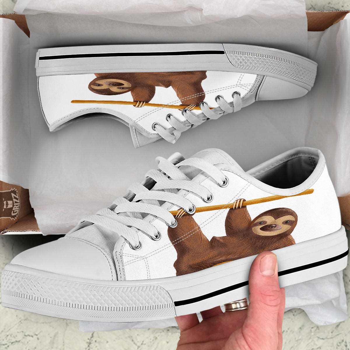 Sloth Happy Print White Low Top Shoes-grizzshop