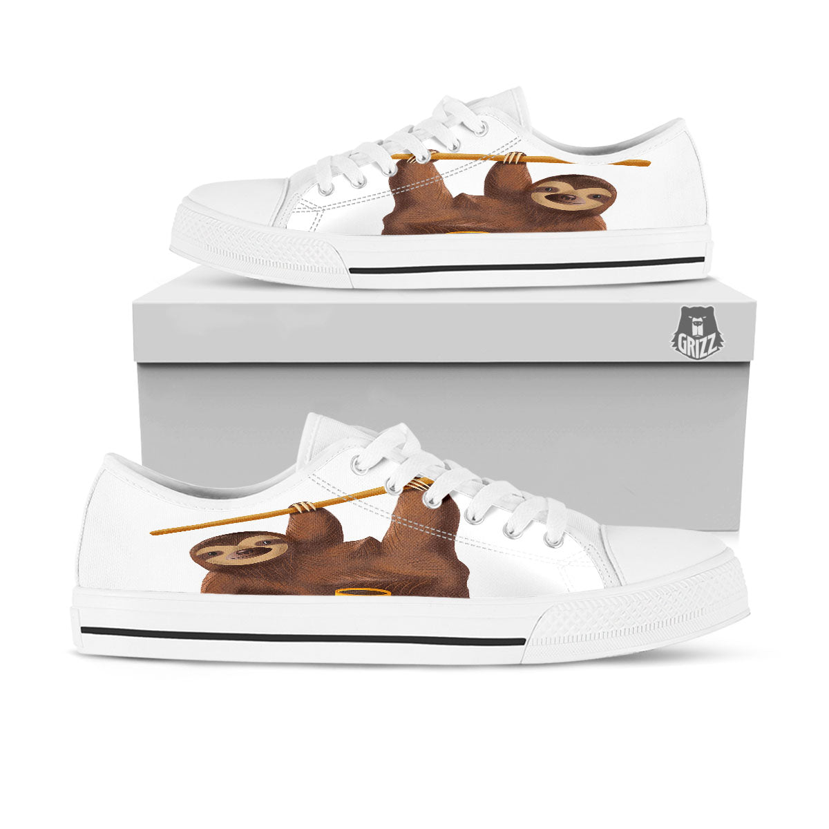 Sloth Happy Print White Low Top Shoes-grizzshop