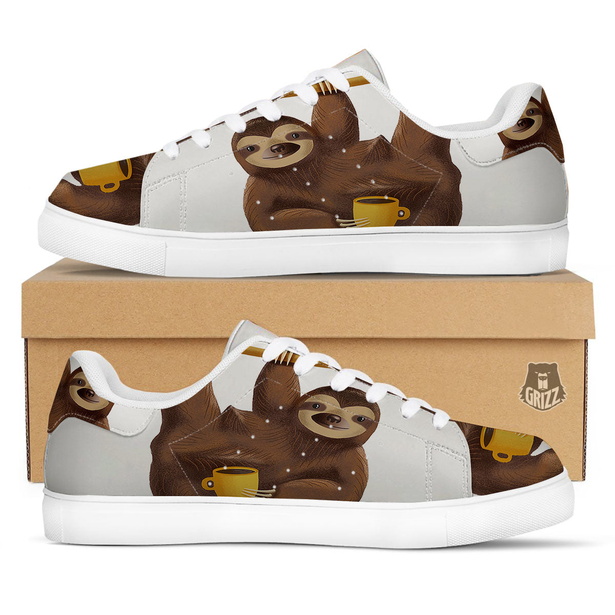 Sloth Happy Print White Low Top Sneakers-grizzshop