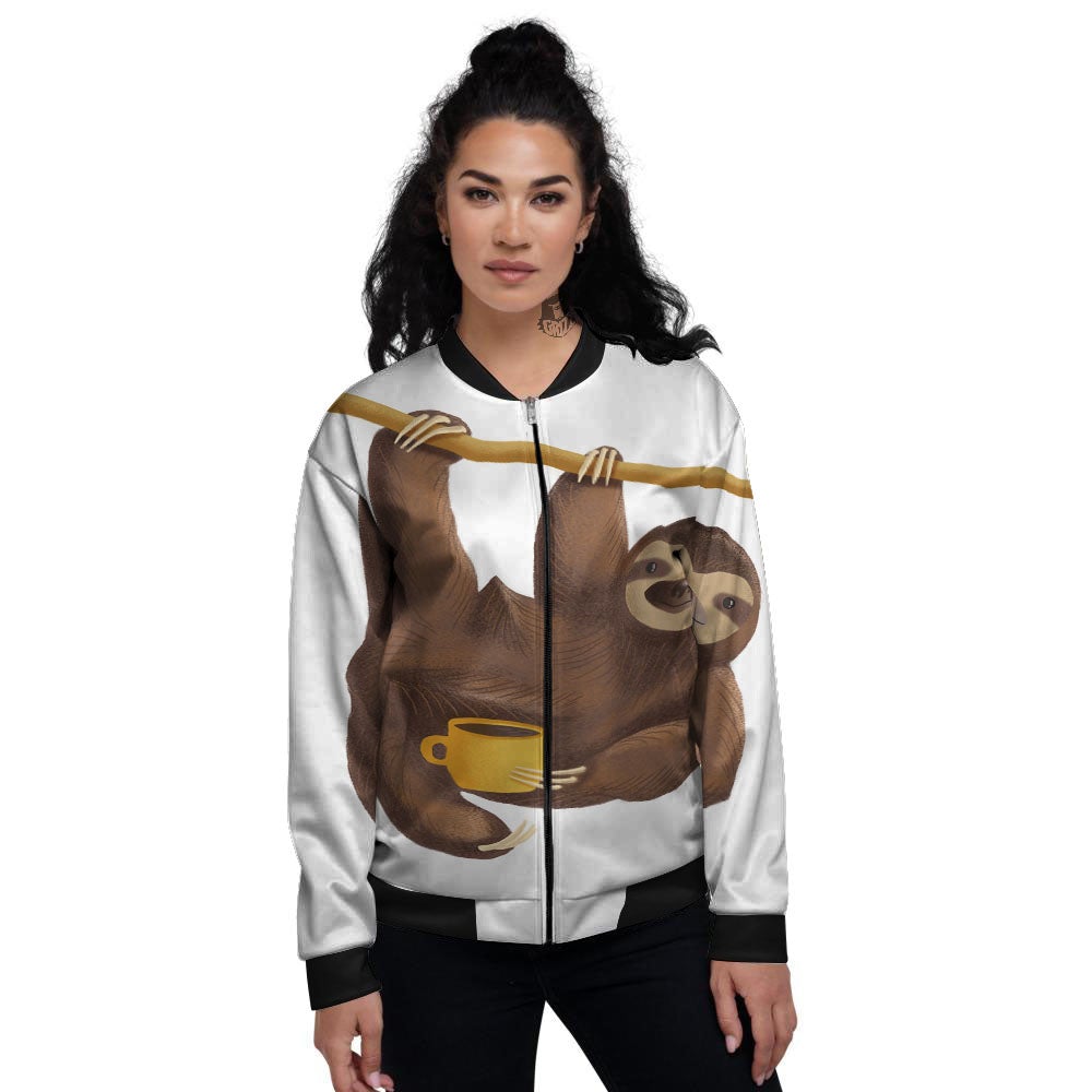 Sloth Happy Print Women's Bomber Jacket-grizzshop