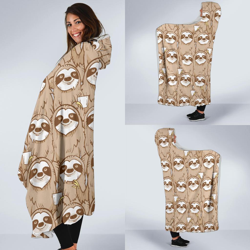 Sloth Pattern Print Hooded Blanket-grizzshop