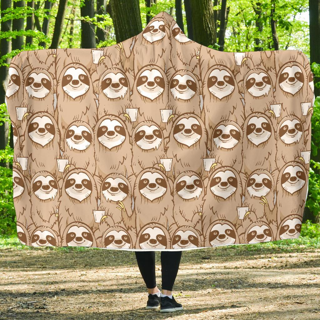 Sloth Pattern Print Hooded Blanket-grizzshop