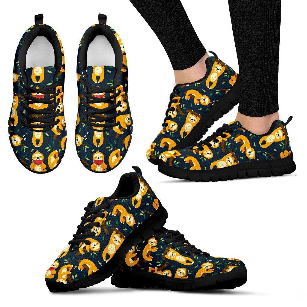 Sloth Print Pattern Black Sneaker Shoes For Men Women-grizzshop