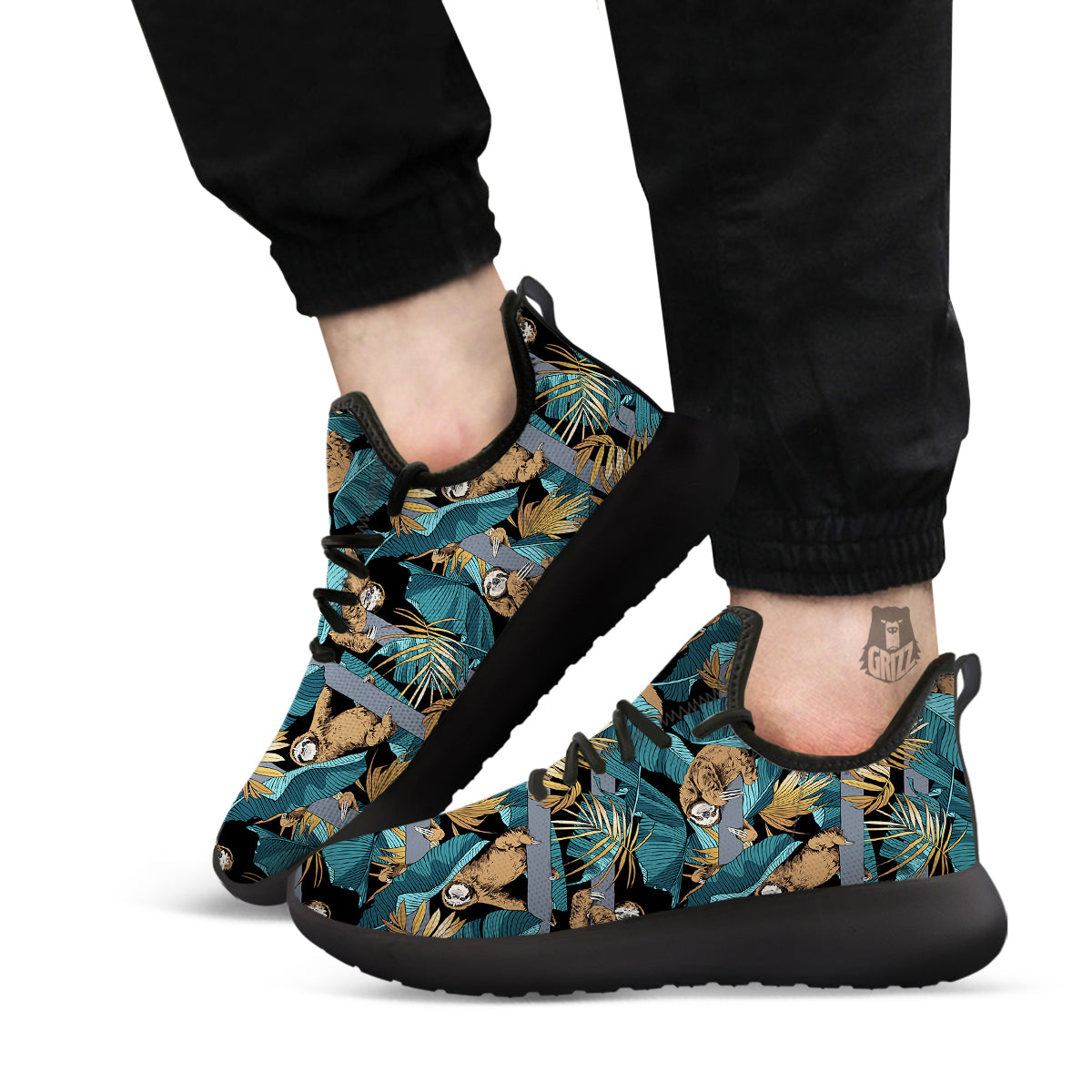 Sloth Tropical Print Pattern Black Athletic Shoes-grizzshop