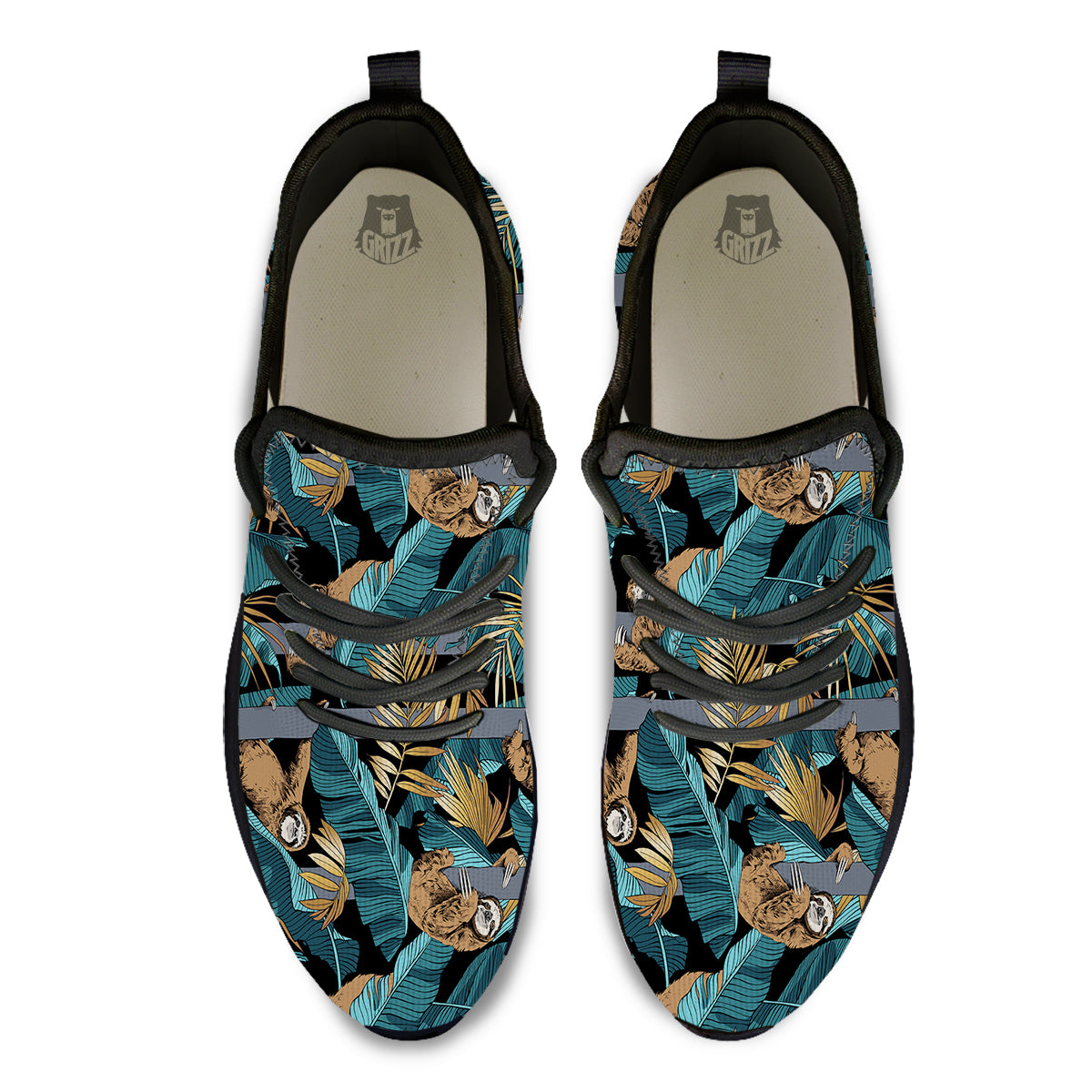 Sloth Tropical Print Pattern Black Athletic Shoes-grizzshop