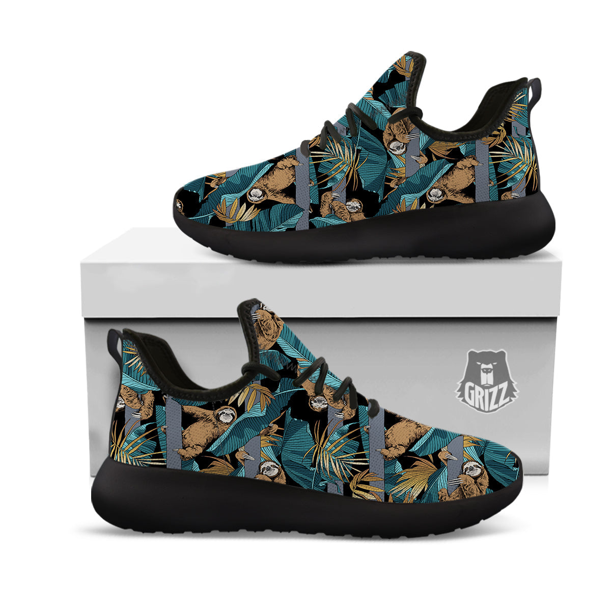Sloth Tropical Print Pattern Black Athletic Shoes-grizzshop