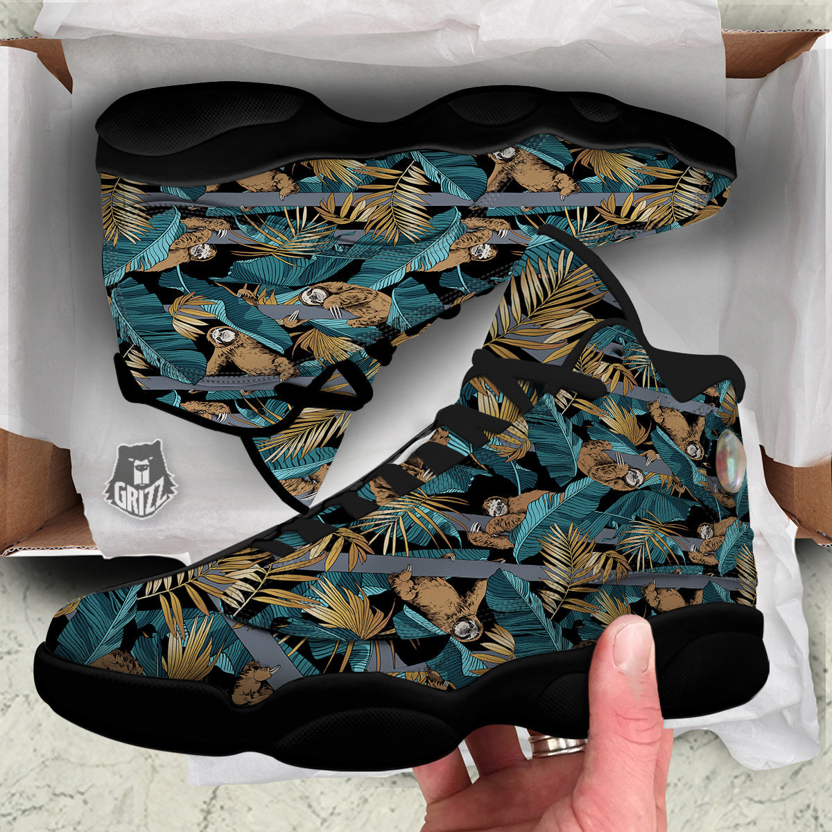 Sloth Tropical Print Pattern Black Basketball Shoes-grizzshop