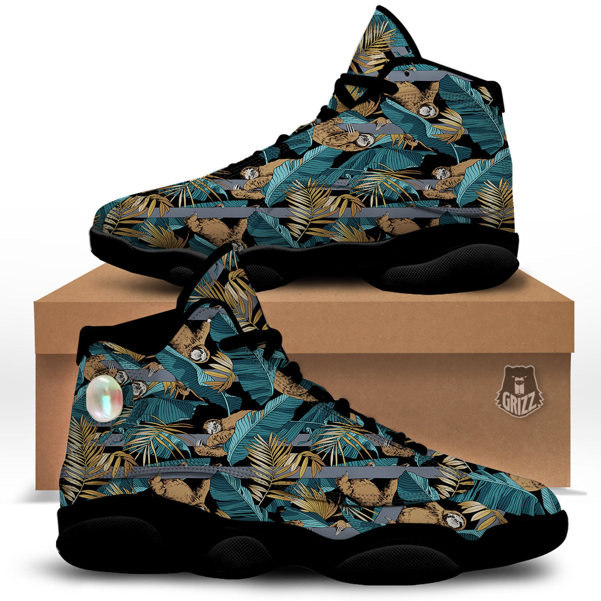 Sloth Tropical Print Pattern Black Basketball Shoes-grizzshop