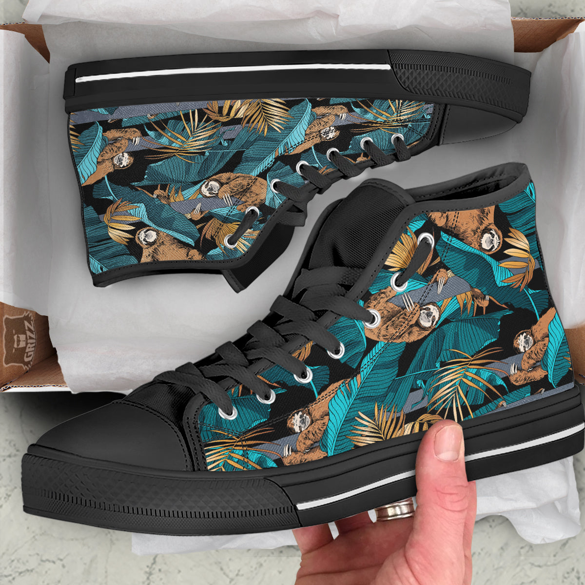 Sloth Tropical Print Pattern Black High Top Shoes-grizzshop