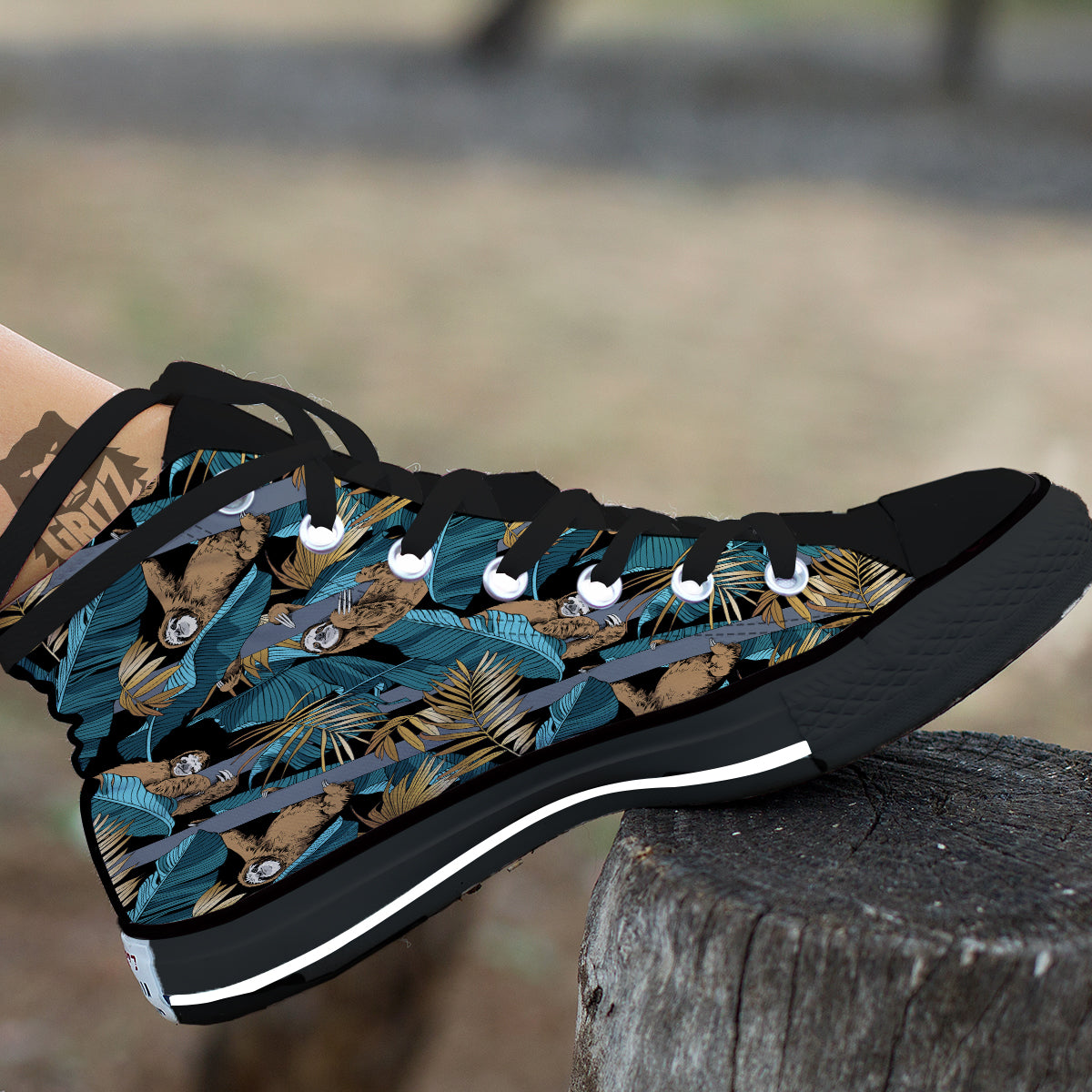 Sloth Tropical Print Pattern Black High Top Shoes-grizzshop