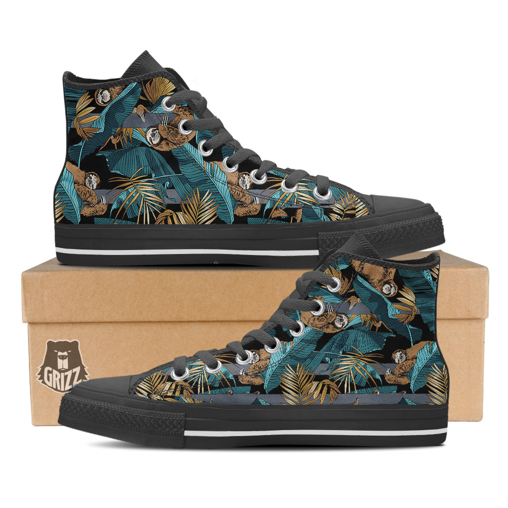 Sloth Tropical Print Pattern Black High Top Shoes-grizzshop