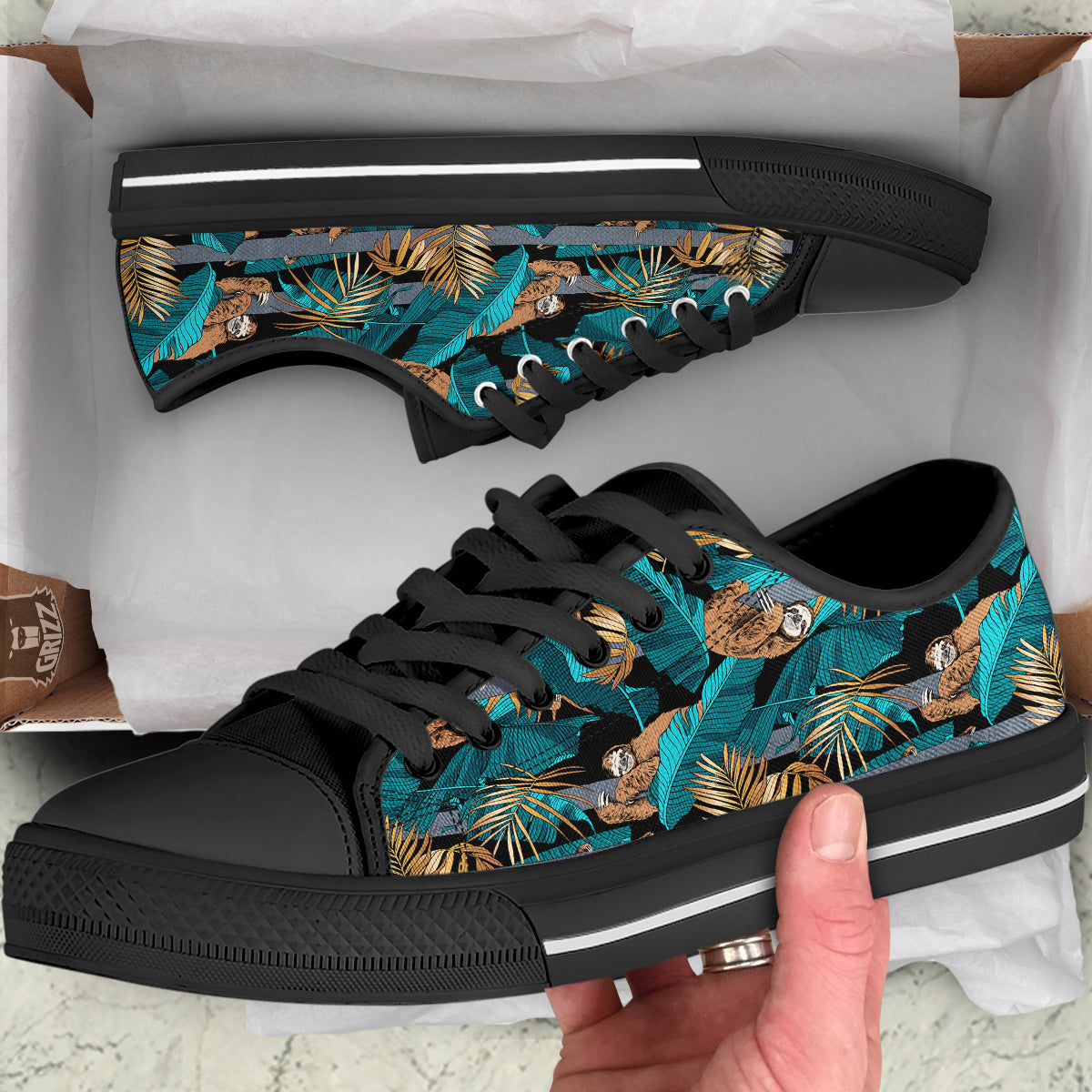 Sloth Tropical Print Pattern Black Low Top Shoes-grizzshop
