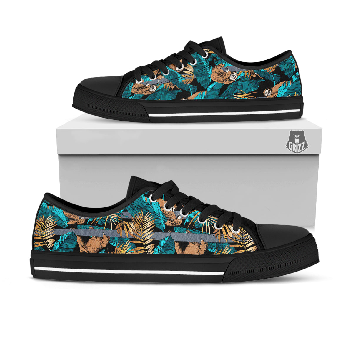 Sloth Tropical Print Pattern Black Low Top Shoes-grizzshop