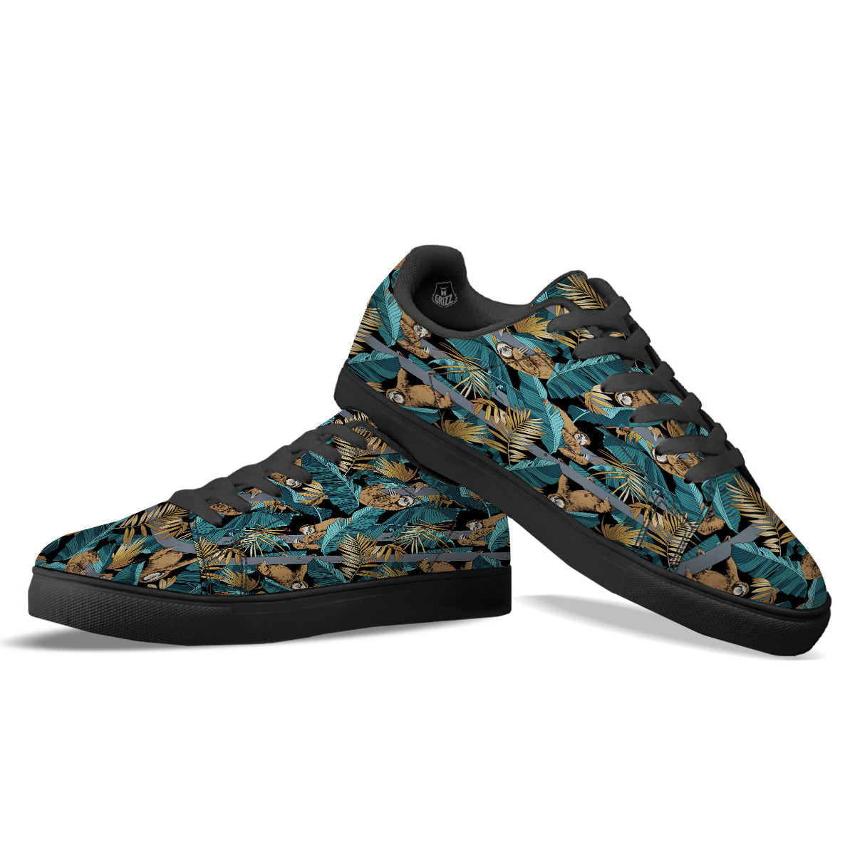 Sloth Tropical Print Pattern Black Low Top Sneakers-grizzshop