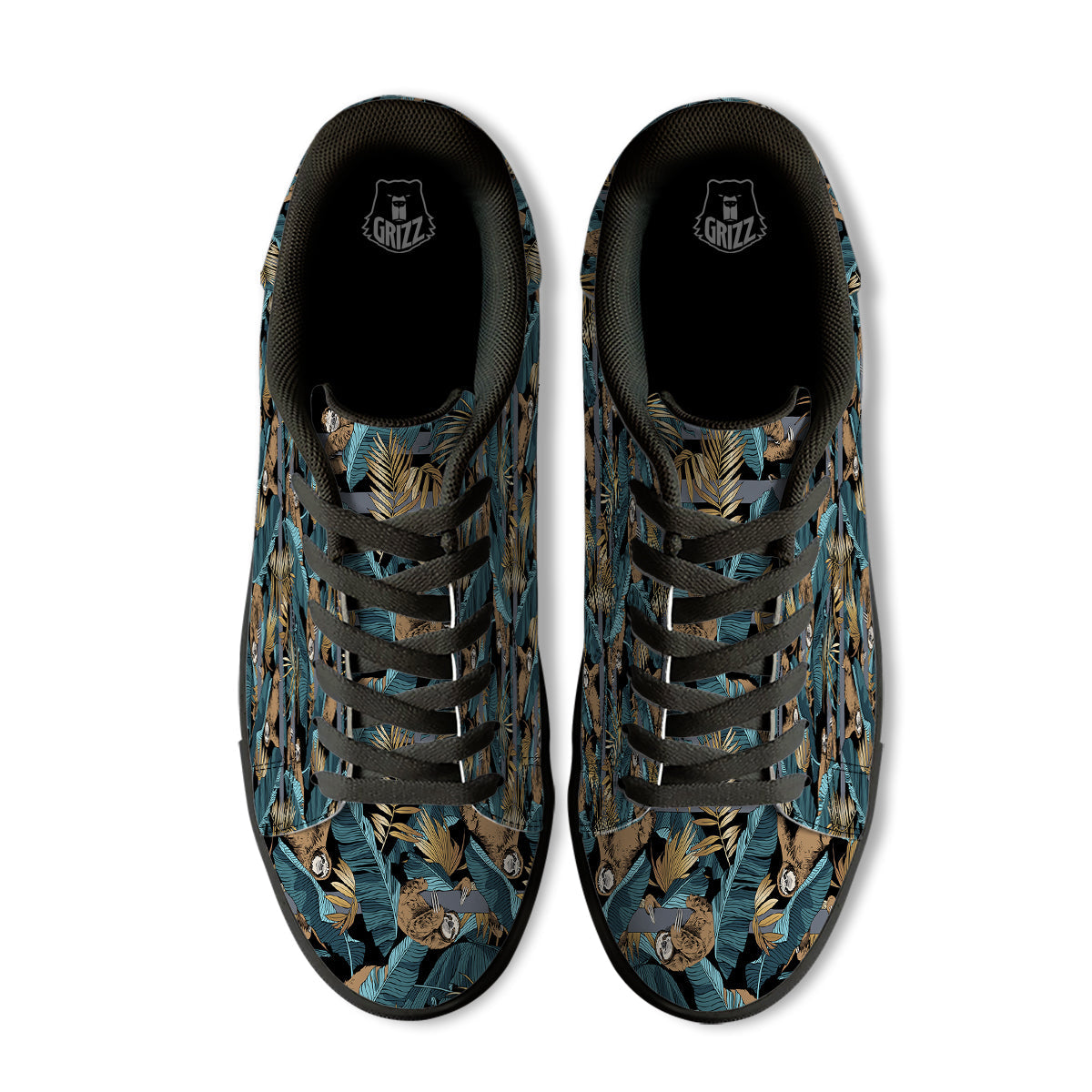 Sloth Tropical Print Pattern Black Low Top Sneakers-grizzshop