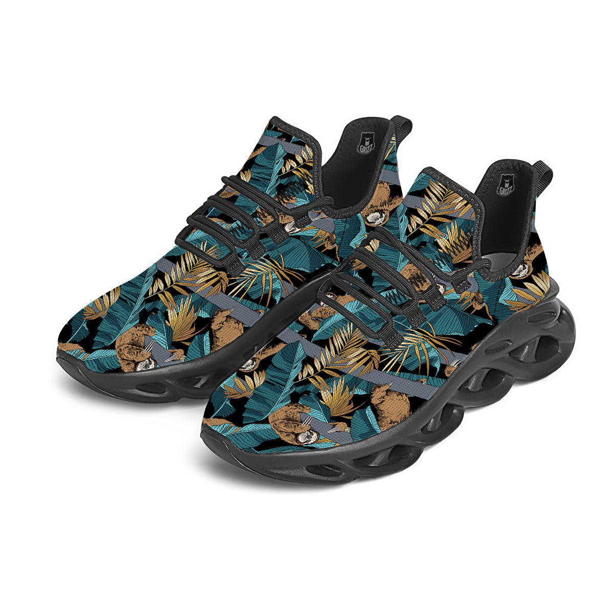 Sloth Tropical Print Pattern Black Running Shoes-grizzshop