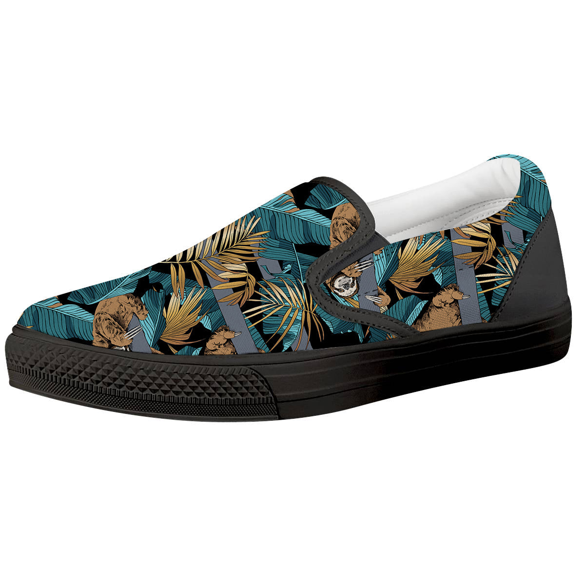 Sloth Tropical Print Pattern Black Slip On Shoes-grizzshop