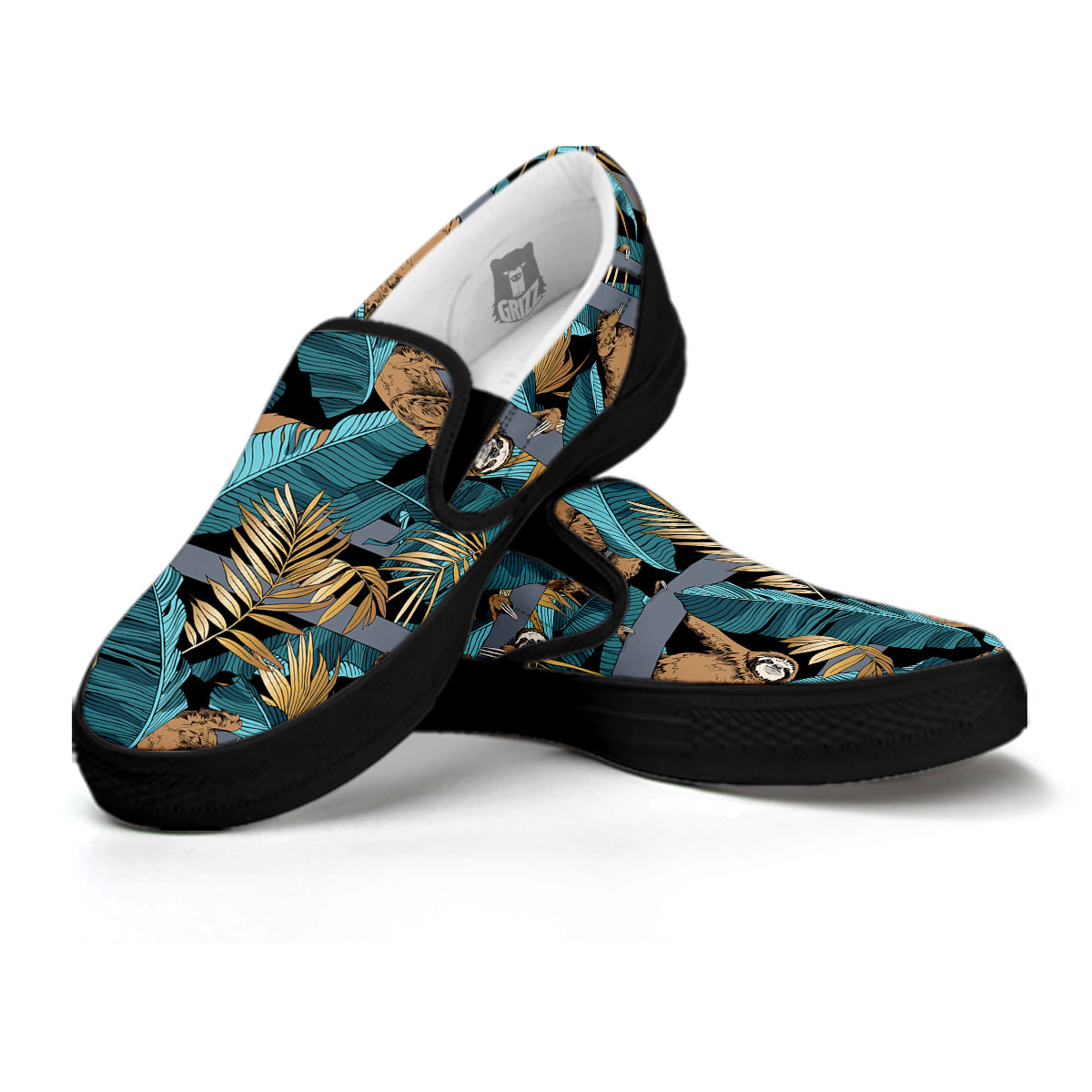 Sloth Tropical Print Pattern Black Slip On Shoes-grizzshop