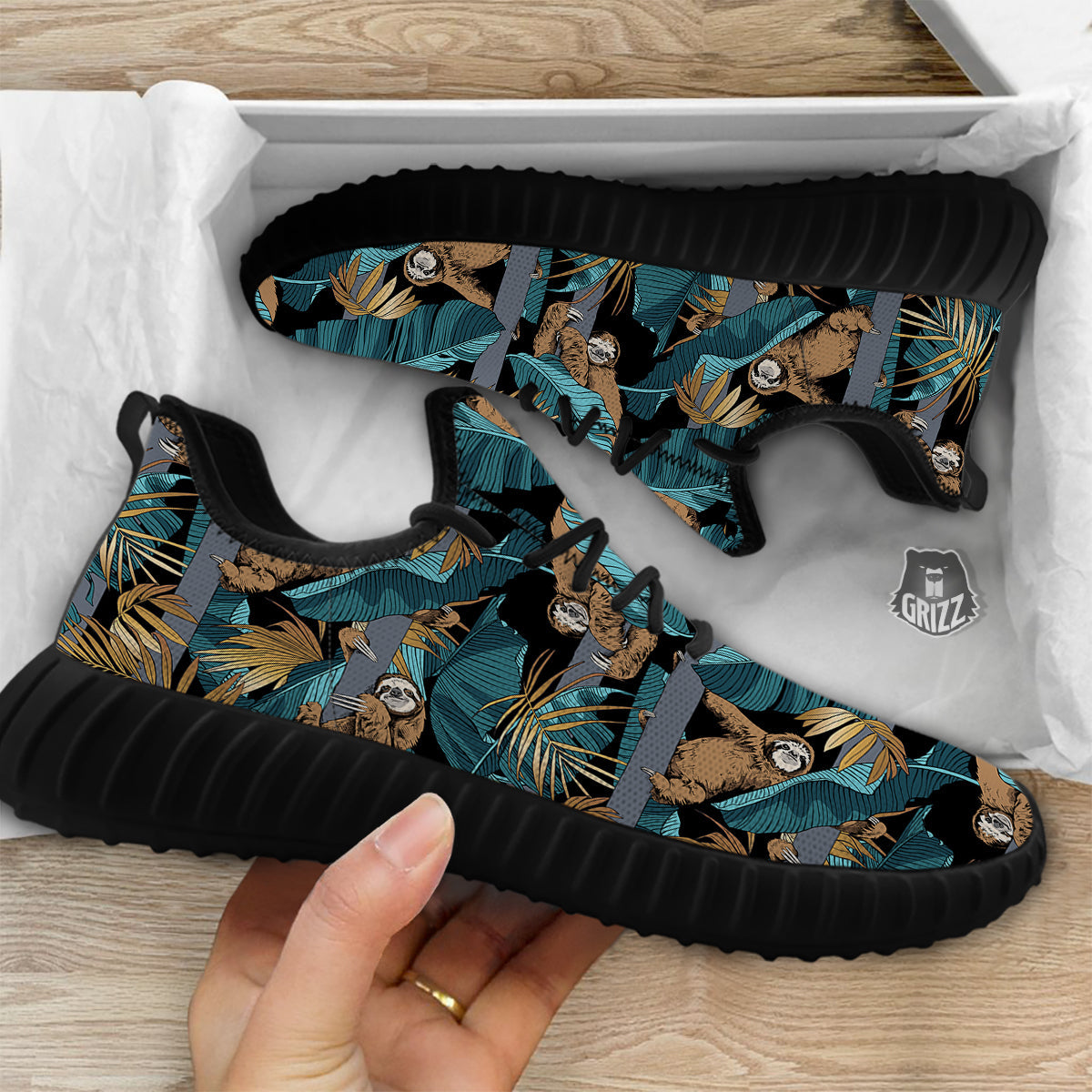 Sloth Tropical Print Pattern Black Walking Shoes-grizzshop