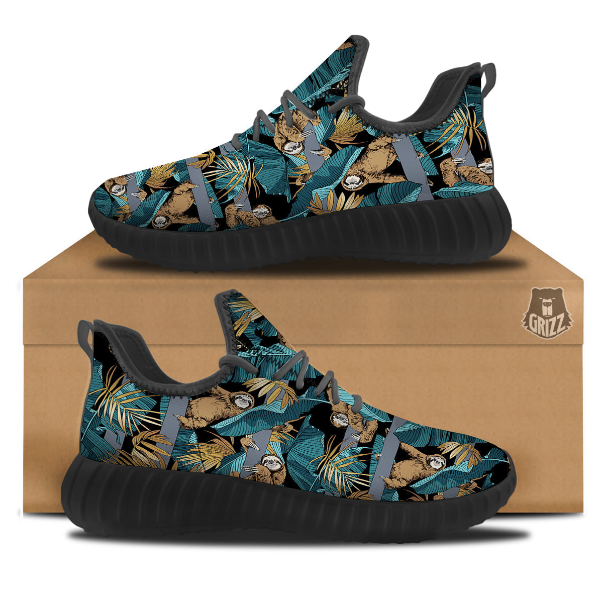Sloth Tropical Print Pattern Black Walking Shoes-grizzshop