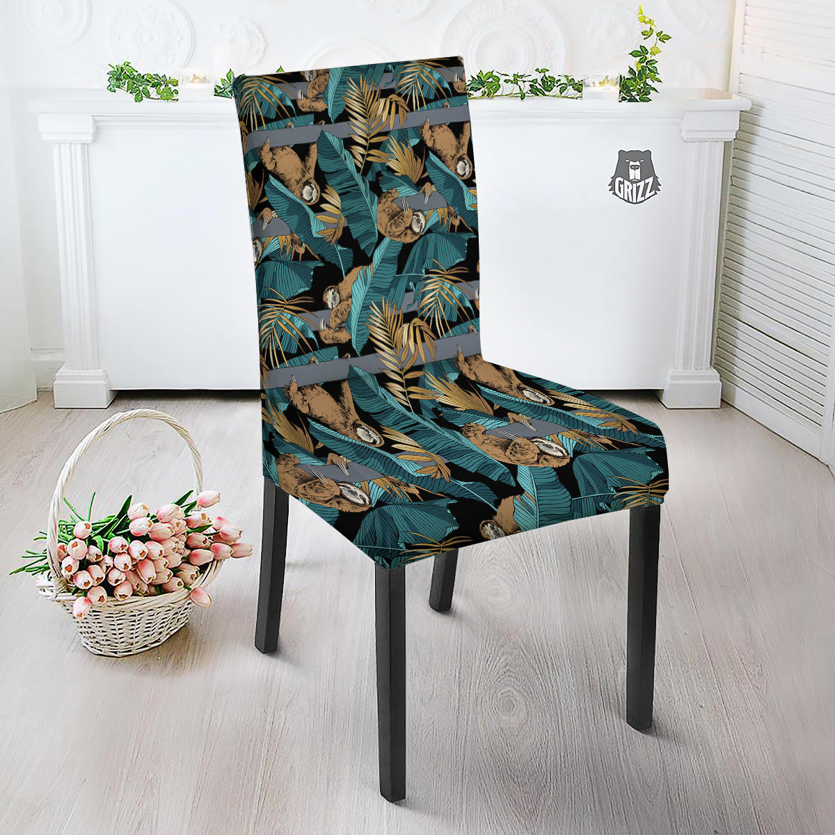 Sloth Tropical Print Pattern Dining Chair Slipcover-grizzshop