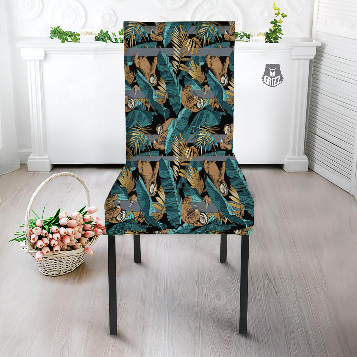 Sloth Tropical Print Pattern Dining Chair Slipcover-grizzshop