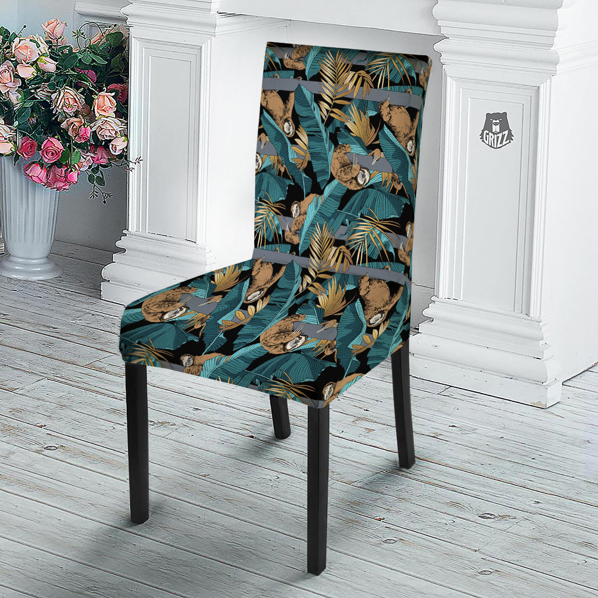 Sloth Tropical Print Pattern Dining Chair Slipcover-grizzshop
