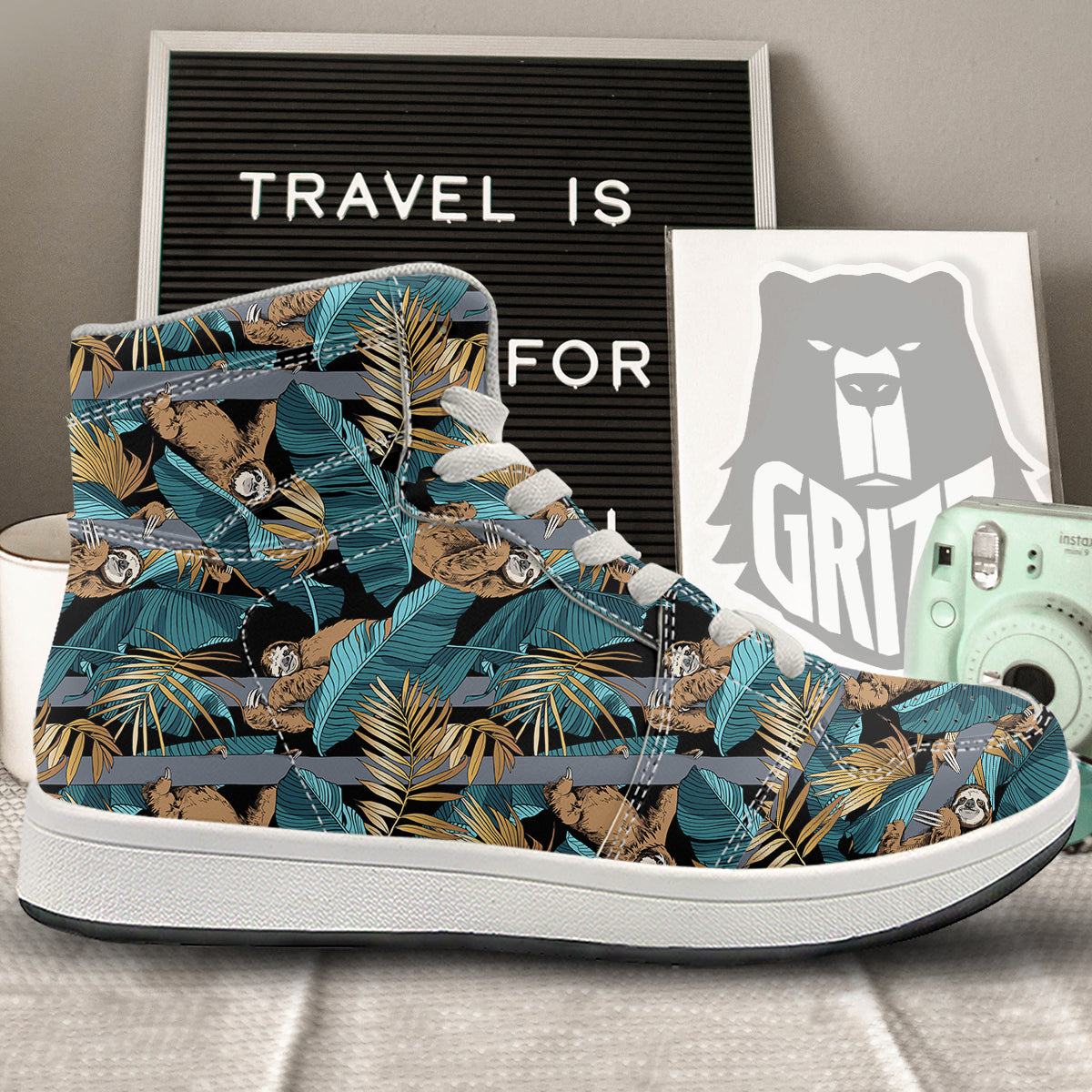 Sloth Tropical Print Pattern High Top Sneakers-grizzshop