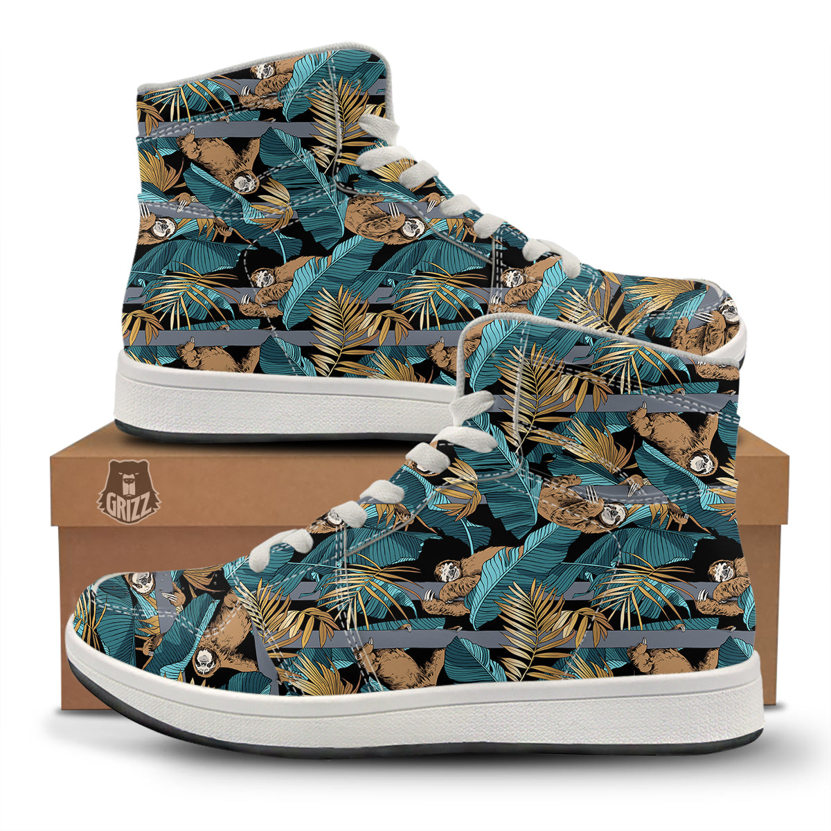Sloth Tropical Print Pattern High Top Sneakers-grizzshop