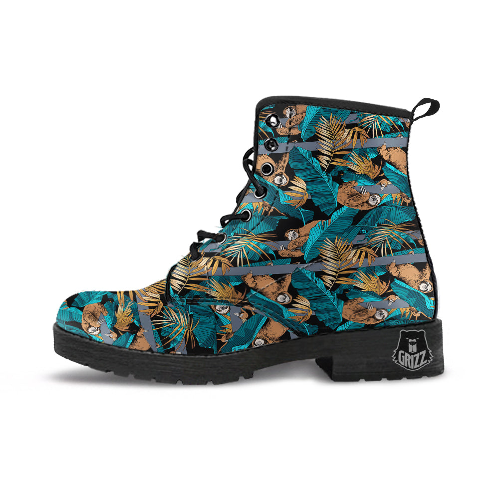 Sloth Tropical Print Pattern Leather Boots-grizzshop