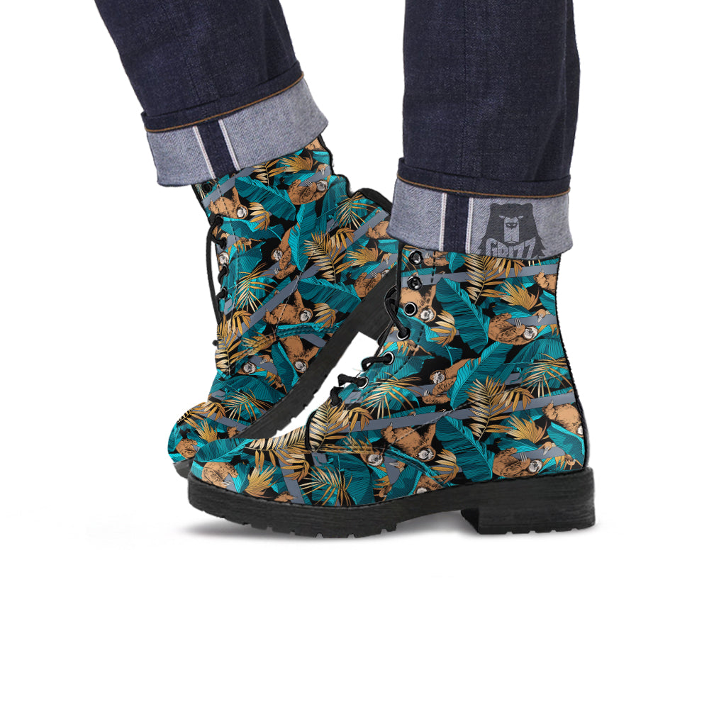 Sloth Tropical Print Pattern Leather Boots-grizzshop